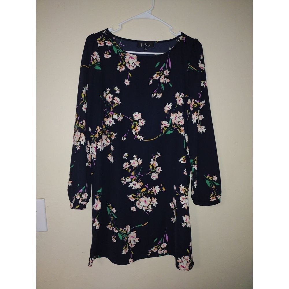 Lulus Navy Floral Print‎ Long Sleeve Shift Dress Women's Size L